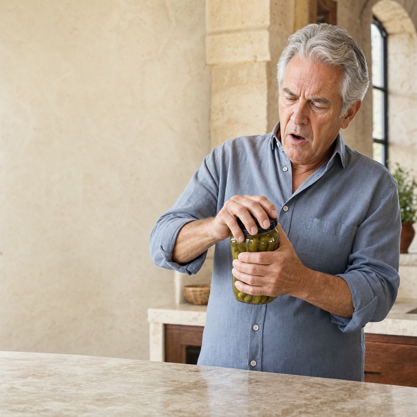 An older adult struggling to open a jar