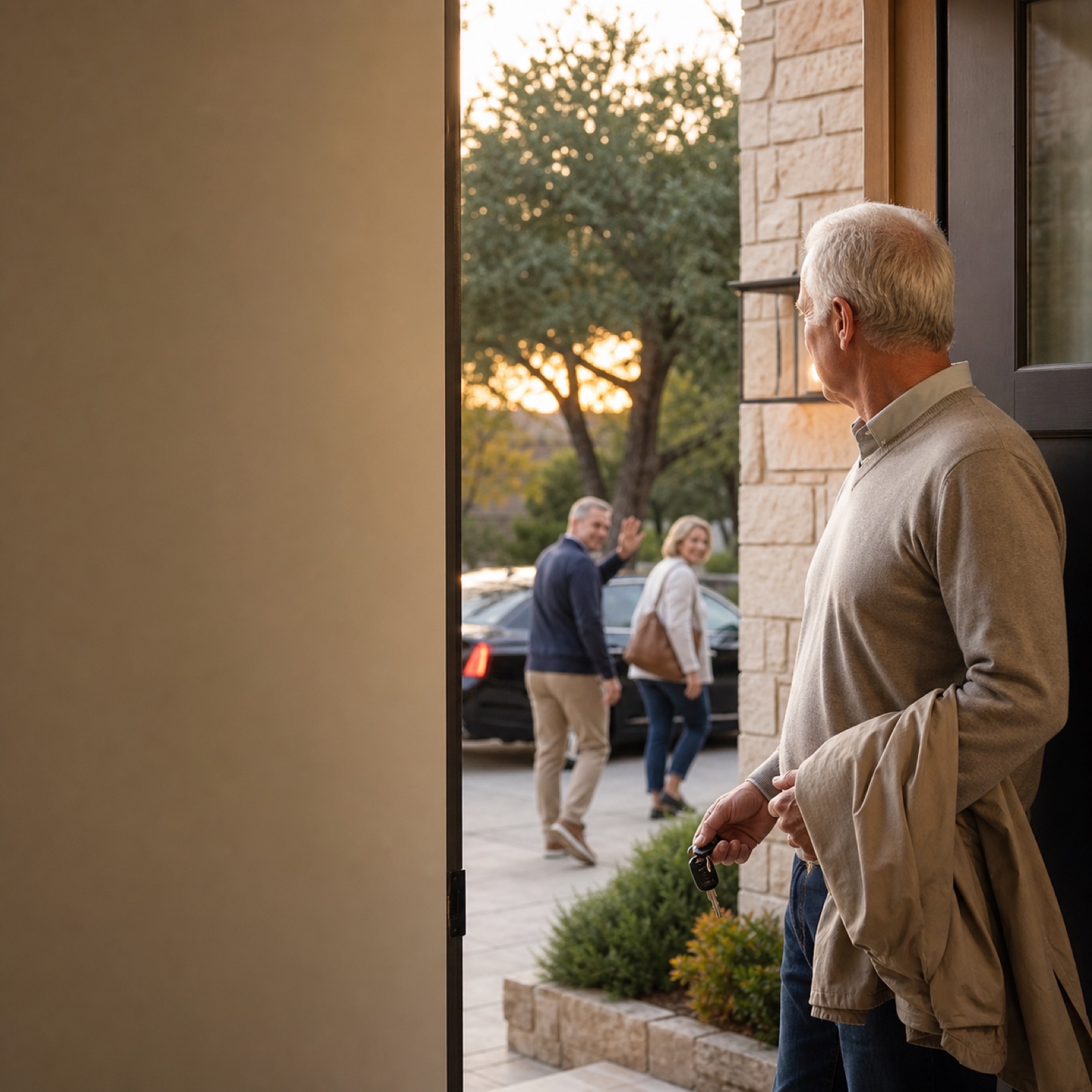 An older adult staying home while friends leave