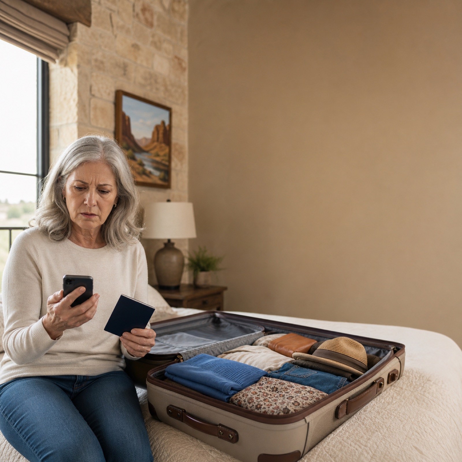 An older adult reconsidering a packed trip